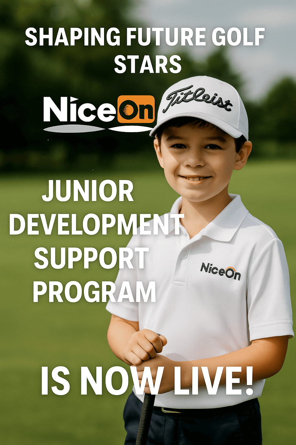 Young golfer promoting NiceOn's Junior Development Support Program for future golf stars.