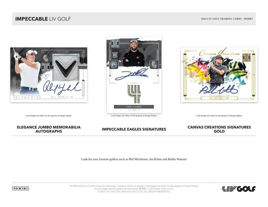 2024 Panini Impeccable LIV Golf Hobby Box featuring Elegance Jumbo Memorabilia Autographs and more.
