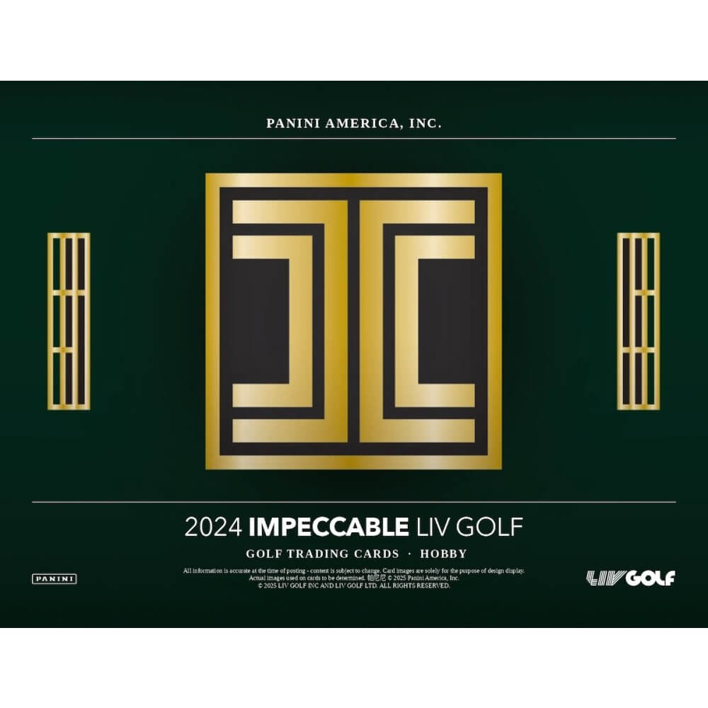 2024 Panini Impeccable LIV Golf Hobby Box packaging featuring gold and green design