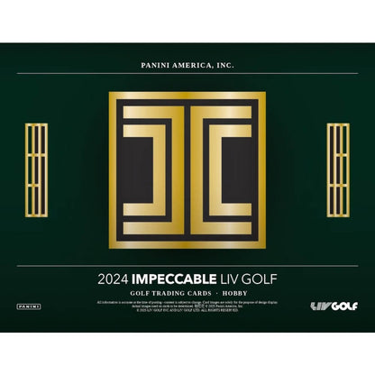 2024 Panini Impeccable LIV Golf Hobby Box packaging featuring gold and green design