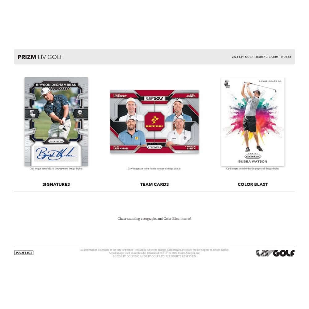 2024 Panini Prizm LIV Golf Hobby Box featuring autographs and inserts of top players like Bryson DeChambeau.
