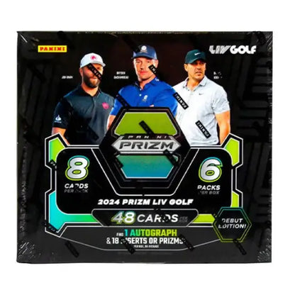 2024 Panini Prizm LIV Golf Hobby Box showcasing 8 cards per pack, 6 packs per box, with 1 autograph and 18 inserts or prisms.