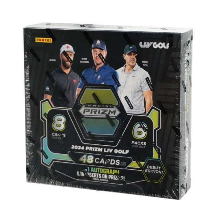 2024 Panini Prizm LIV Golf Hobby Box with 48 cards, including 1 autograph and 18 inserts or Prizm parallels.
