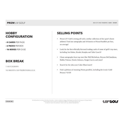 2024 Panini Prizm LIV Golf Hobby Box selling points and configuration details.