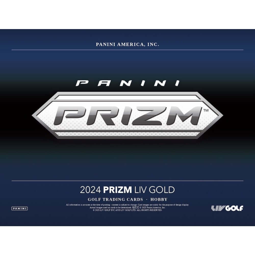 2024 Panini Prizm LIV Golf Hobby Box packaging featuring the Panini Prizm logo and gold design.