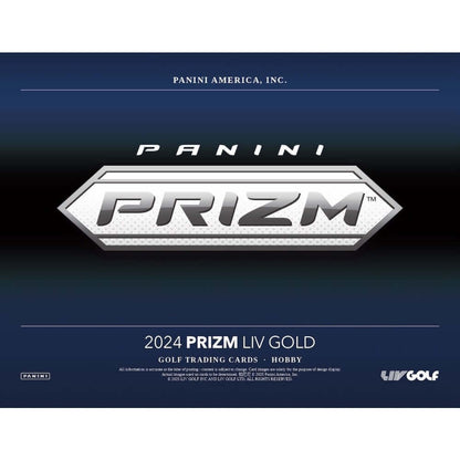 2024 Panini Prizm LIV Golf Hobby Box packaging featuring the Panini Prizm logo and gold design.