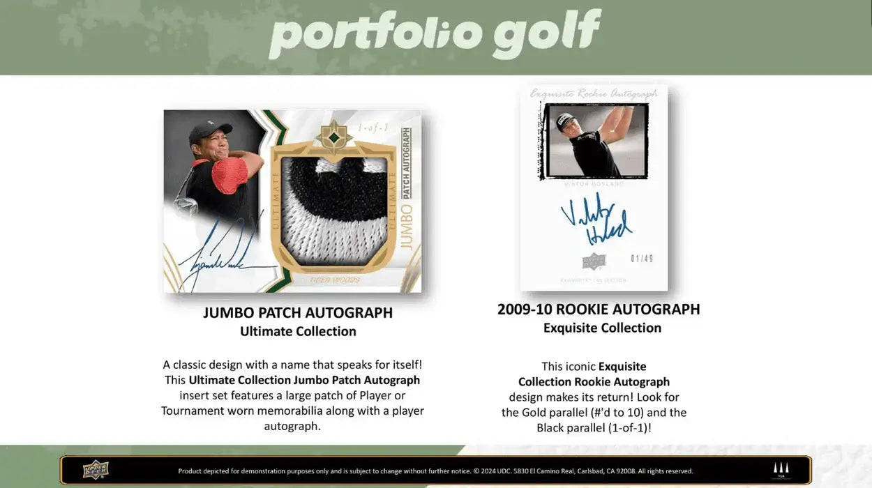 2024 Upper Deck Portfolio Golf Hobby Box featuring Jumbo Patch and 2009-10 Rookie Autograph cards.
