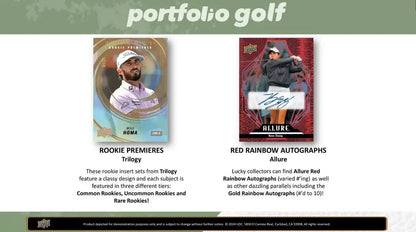 2024 Upper Deck Portfolio Golf Hobby Box featuring Trilogy Rookie Premieres and Allure Red Rainbow Autographs.