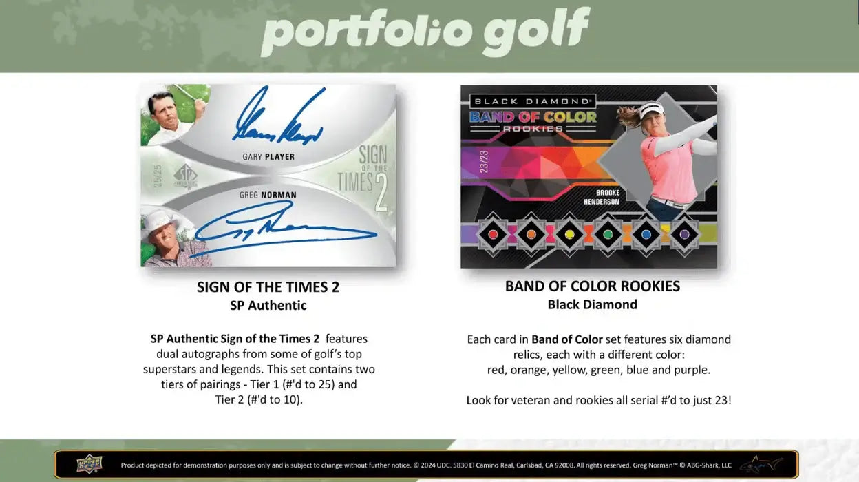2024 Upper Deck Portfolio Golf Hobby Box featuring SP Authentic and Black Diamond cards.
