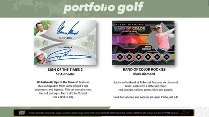 2024 Upper Deck Portfolio Golf Hobby Box featuring SP Authentic and Black Diamond cards.