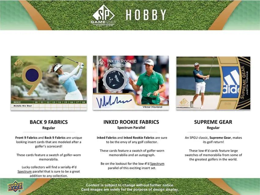 2024 Upper Deck Sp Game Used Golf Hobby Box featuring Back 9 Fabrics and Inked Rookie Fabrics of Victor Hovland.