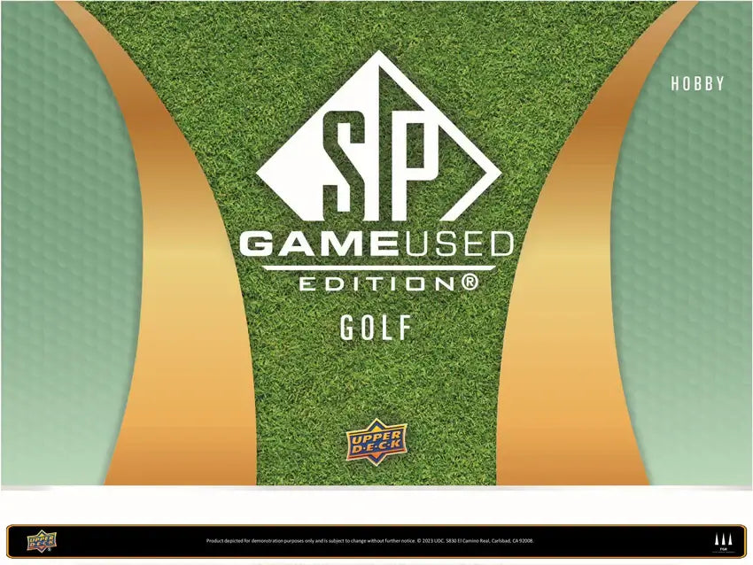 2024 Upper Deck Sp Game Used Golf Hobby Box design showcasing SP Game Used Edition Golf logo on a grass background.