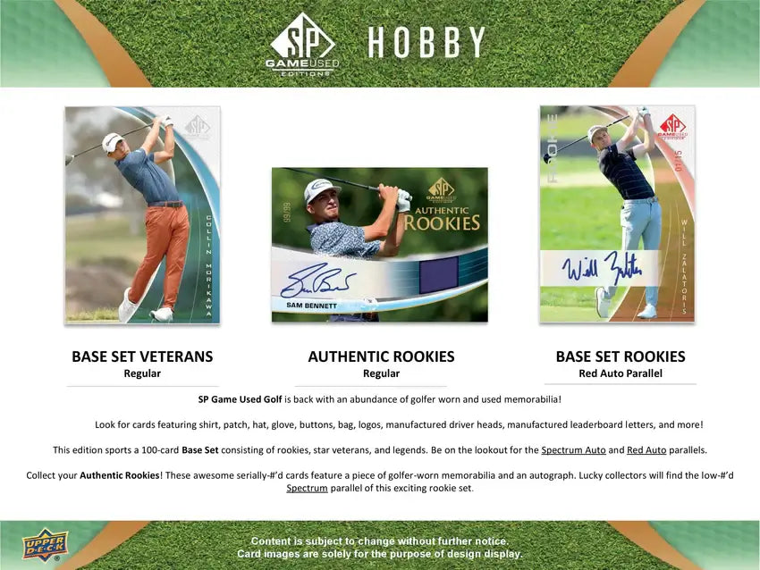 2024 Upper Deck Sp Game Used Golf Hobby Box showing Base Set Veterans, Authentic Rookies, and Base Set Rookies.
