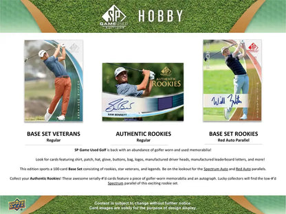 2024 Upper Deck Sp Game Used Golf Hobby Box showing Base Set Veterans, Authentic Rookies, and Base Set Rookies.