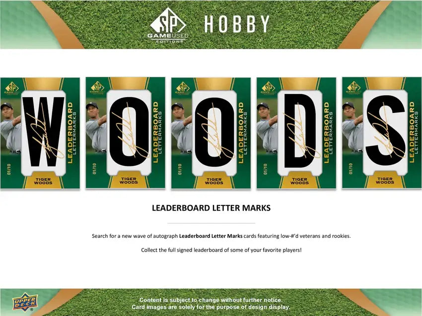 2024 Upper Deck Sp Game Used Golf Hobby Box featuring Tiger Woods Leaderboard Letter Marks cards.