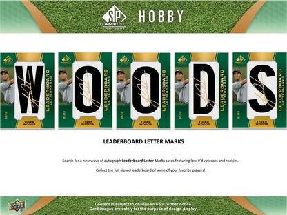 2024 Upper Deck Sp Game Used Golf Hobby Box featuring Tiger Woods Leaderboard Letter Marks cards.