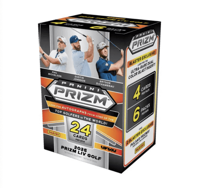 2025 Panini Prizm LIV Golf Blaster Box featuring 24 cards and exclusive dual color blast insert.