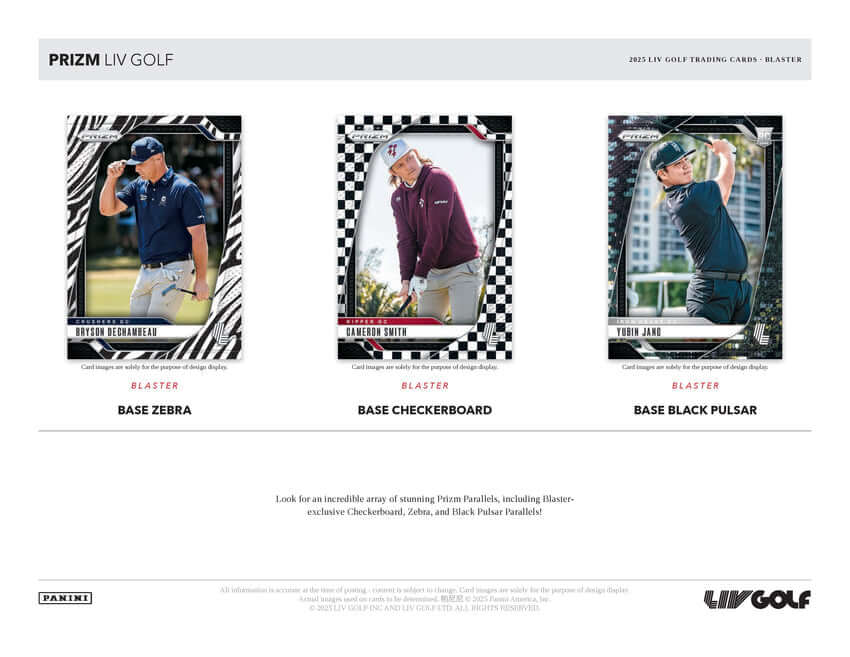 2025 Panini Prizm LIV Golf Blaster Box featuring Base Zebra, Base Checkerboard, and Base Black Pulsar cards.