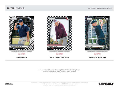 2025 Panini Prizm LIV Golf Blaster Box featuring Base Zebra, Base Checkerboard, and Base Black Pulsar cards.