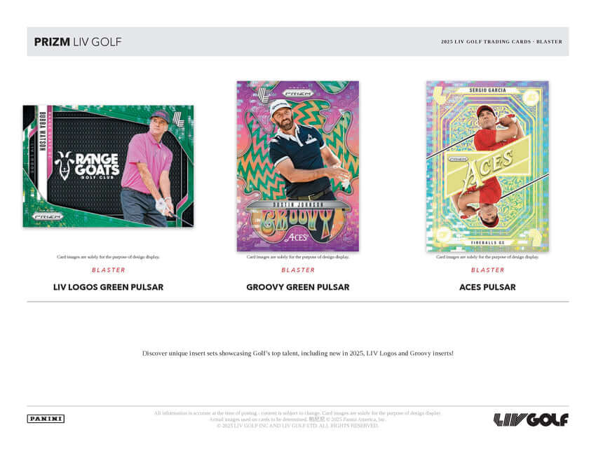 2025 Panini Prizm LIV Golf Blaster Box featuring LIV Logos Green Pulsar, Groovy Green Pulsar, and Aces Pulsar inserts.