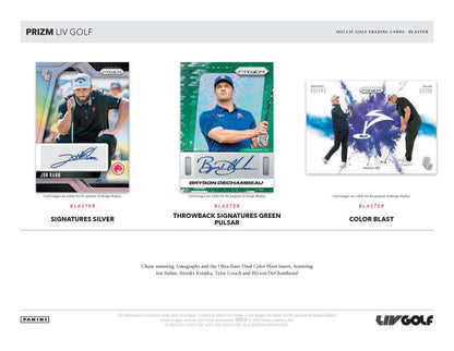 2025 Panini Prizm LIV Golf Blaster Box showcasing autographed cards and exclusive inserts.