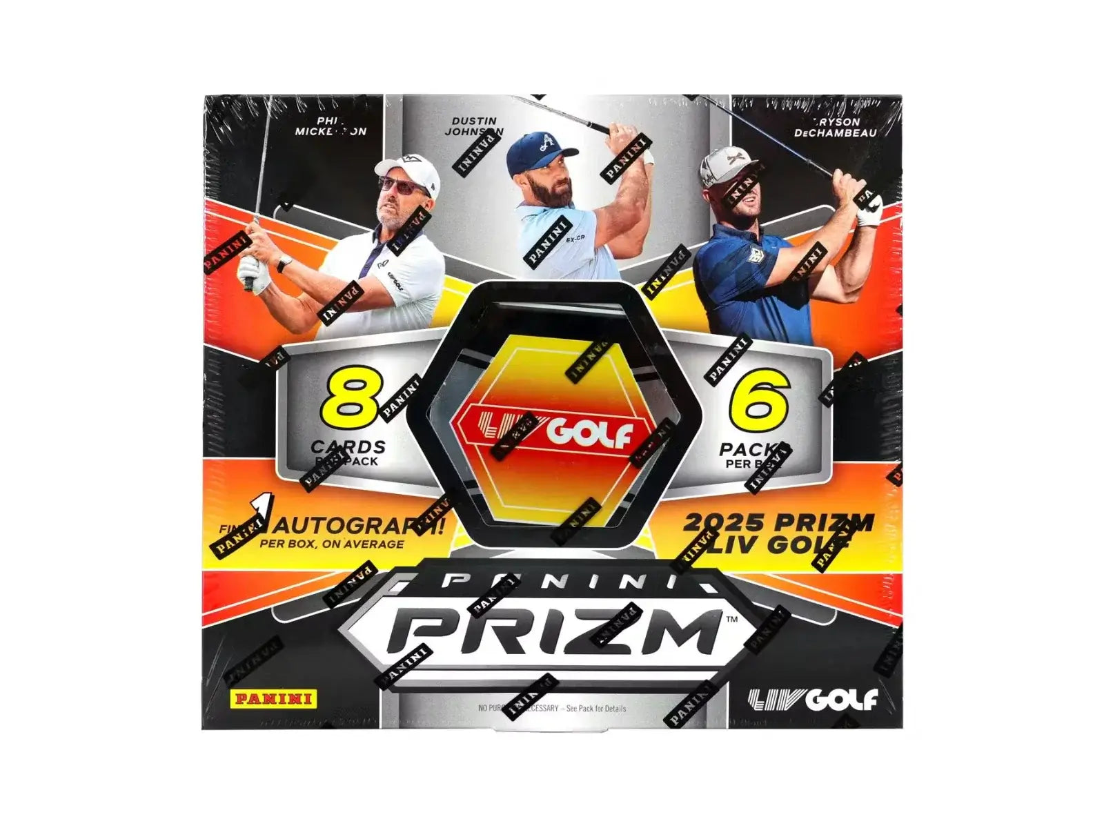 2025 Panini Prizm LIV Golf Hobby Box featuring 8 cards per pack, 6 packs, and autographs, by Panini.