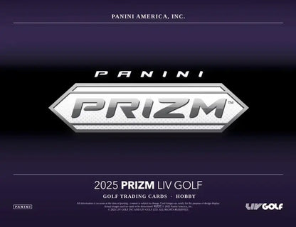 2025 Panini Prizm LIV Golf Hobby Box featuring logo and branding, ideal for collectors of trading cards.