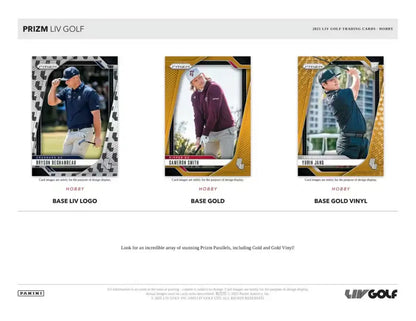 2025 Panini Prizm LIV Golf Hobby Box showcasing Base LIV Logo, Base Gold, and Base Gold Vinyl cards.