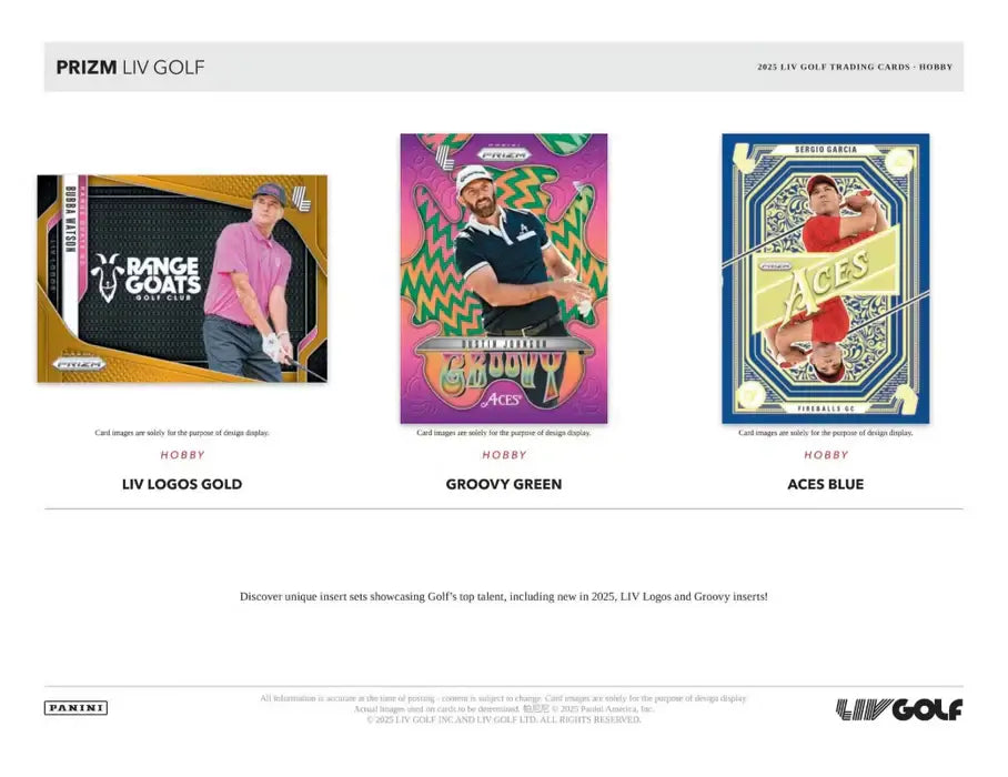 2025 Panini Prizm LIV Golf Hobby Box showcases Liv Logos Gold, Groovy Green, and Aces Blue trading cards.