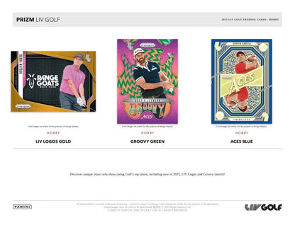 2025 Panini Prizm LIV Golf Hobby Box showcases Liv Logos Gold, Groovy Green, and Aces Blue trading cards.