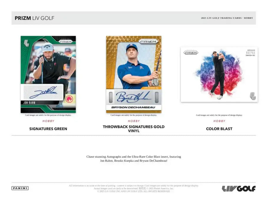 2025 Panini Prizm LIV Golf Hobby Box showcasing autographed cards including Signatures Green and Color Blast.