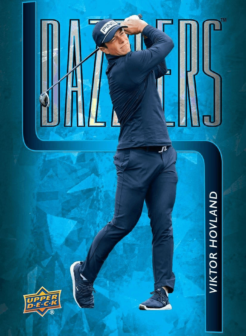 2025 Upper Deck Golf Hobby Box (Pre Order) Dazzlers card featuring golfer Viktor Hovland in dynamic swing stance.