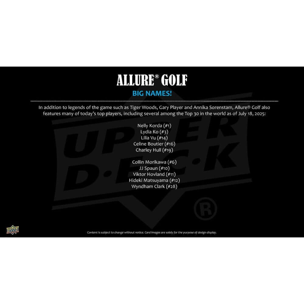 2026 Upper Deck Allure Golf Hobby Box (Pre Order) featuring top players like Nelly Korda and Lydia Ko.