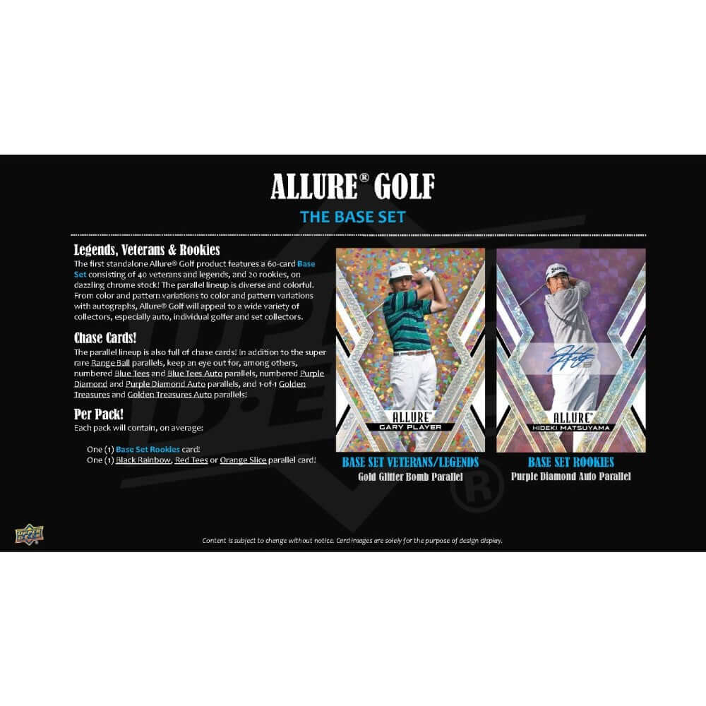 2026 Upper Deck Allure Golf Hobby Box (Pre Order) featuring base set veterans, legends, and rookies on dazzling chrome stock.