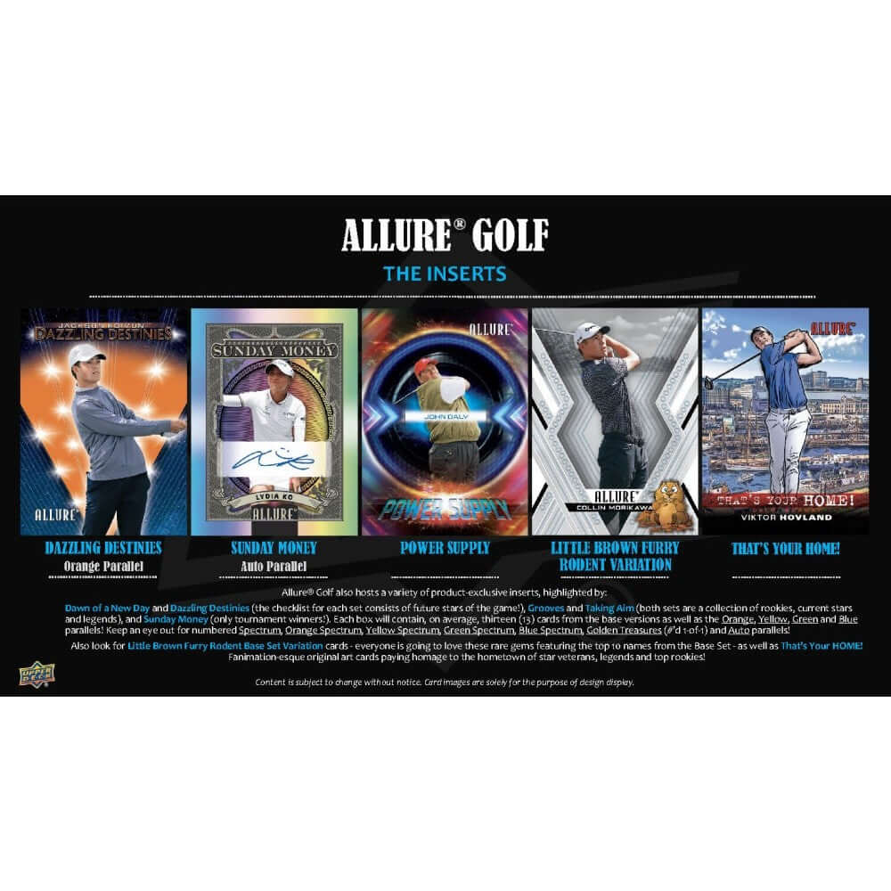 2026 Upper Deck Allure Golf Hobby Box (Pre Order) showcasing various colorful insert cards and design details.