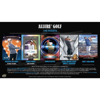 2026 Upper Deck Allure Golf Hobby Box (Pre Order) showcasing various colorful insert cards and design details.