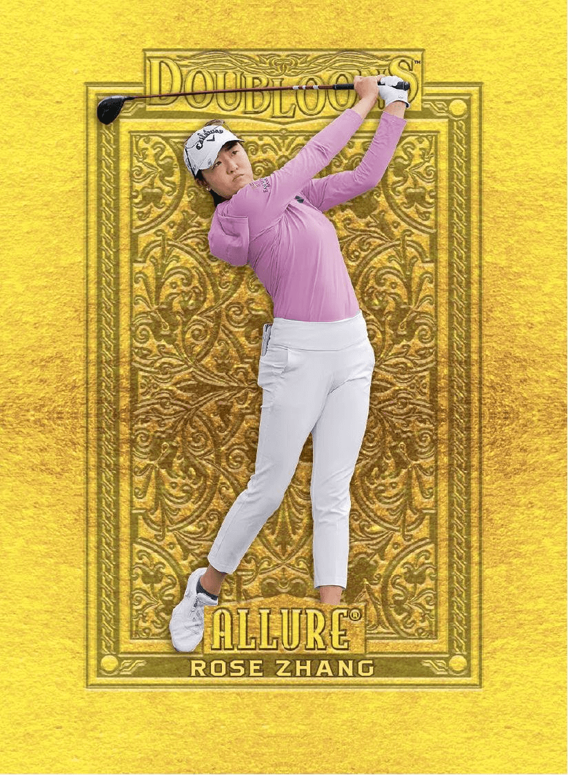 2026 Upper Deck Allure Golf Hobby Box (Pre Order) featuring Rose Zhang in pink golf attire hitting a shot on a golden background.