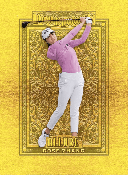 2026 Upper Deck Allure Golf Hobby Box (Pre Order) featuring Rose Zhang in pink golf attire hitting a shot on a golden background.
