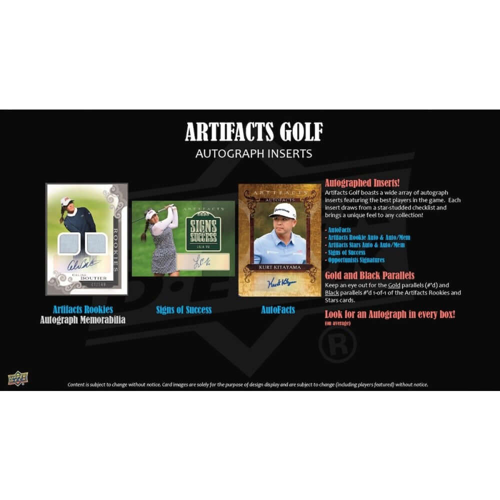 2026 Upper Deck Artifacts Golf Hobby Box (Pre Order) featuring autograph inserts and memorabilia details.