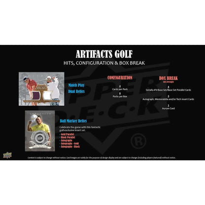 2026 Upper Deck Artifacts Golf Hobby Box (Pre Order) configuration and box break details.