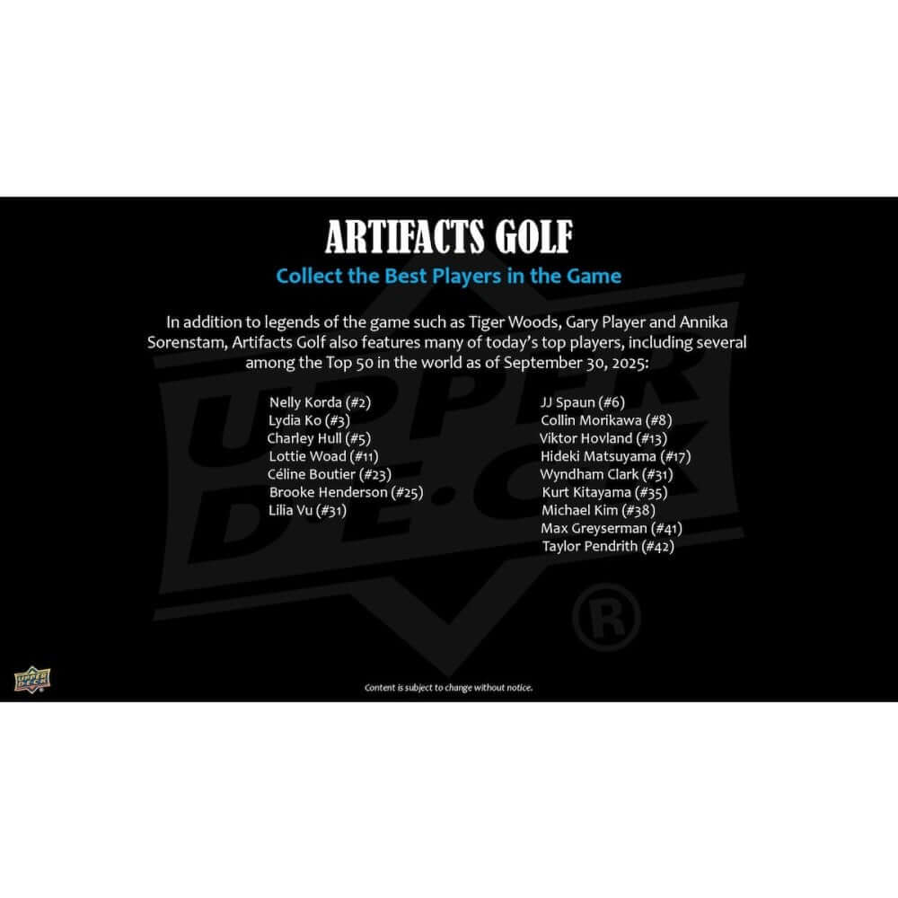 2026 Upper Deck Artifacts Golf Hobby Box (Pre Order) showcasing top players including Nelly Korda and Tiger Woods.