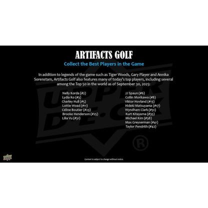 2026 Upper Deck Artifacts Golf Hobby Box (Pre Order) showcasing top players including Nelly Korda and Tiger Woods.