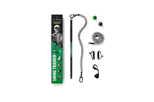 GolfForever Swing Trainer+ kit including training tools and packaging for improving golf swing and mobility.