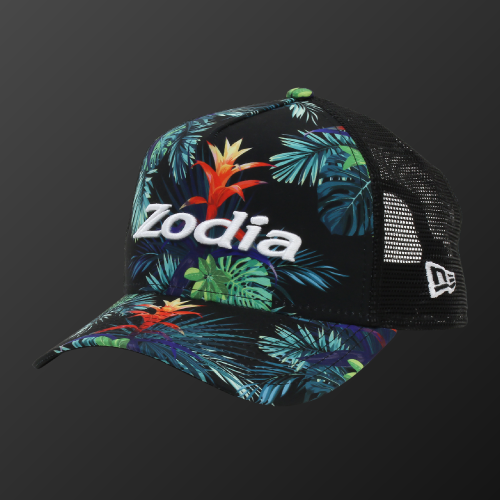 Zodia Botanical Mesh Cap featuring vibrant botanical pattern in black and tropical colors, perfect for summer wear.