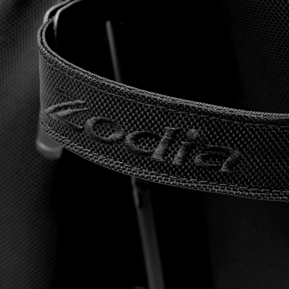 Close-up of the Zodia Carbon Design Caddy Bag II shoulder strap showcasing high-quality carbon-look fabric.