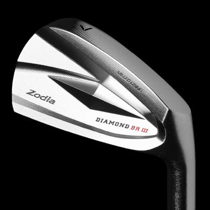 Zodia DIAMOND BR III iron set showcasing precision CNC milling and sleek design on a black background.