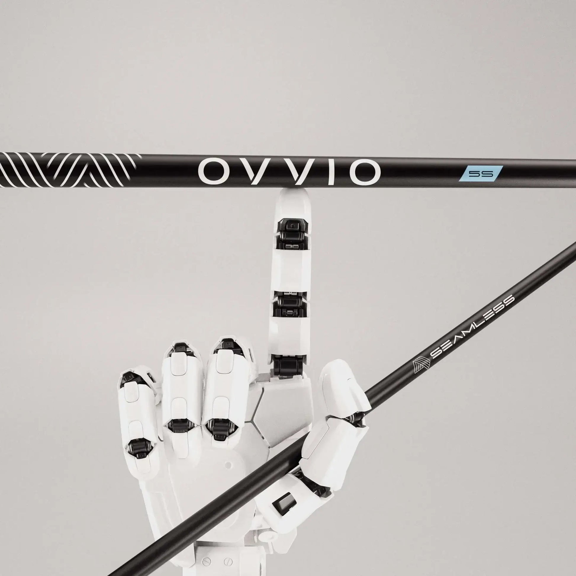 OVVIO green seamless wood shafts showcased with a robotic hand for advanced performance and technology.