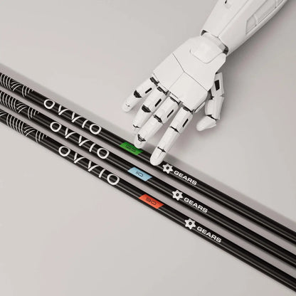 OVVIO Iron Shafts by GEARS Golf, displayed with a robotic hand, showcasing advanced graphite technology.