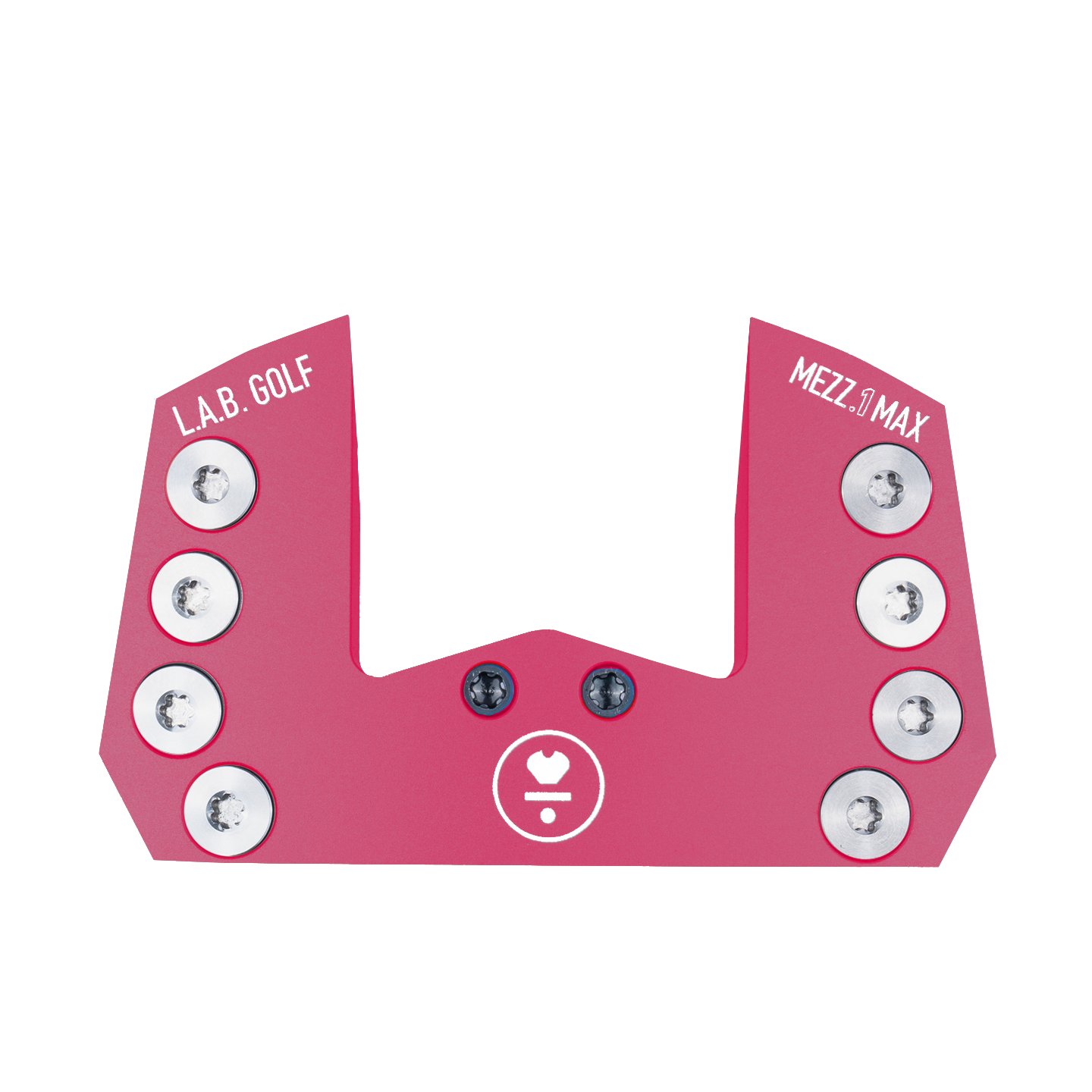 L.A.B. Golf MEZZ.1 MAX custom putter head in vibrant red with silver weight screws, designed for stability and accuracy.