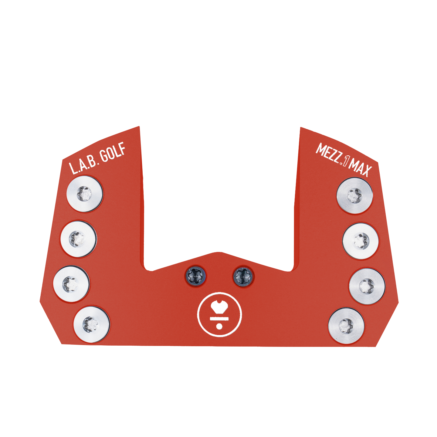 L.A.B. Golf MEZZ.1 MAX custom putter head in red with six adjustable weights for enhanced stability.